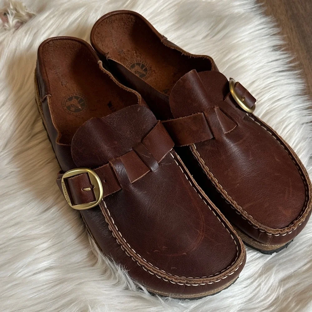 Birkenstock Buckley Natural Oiled Leather Buckle Clog Mules - Picture 2 of 11
